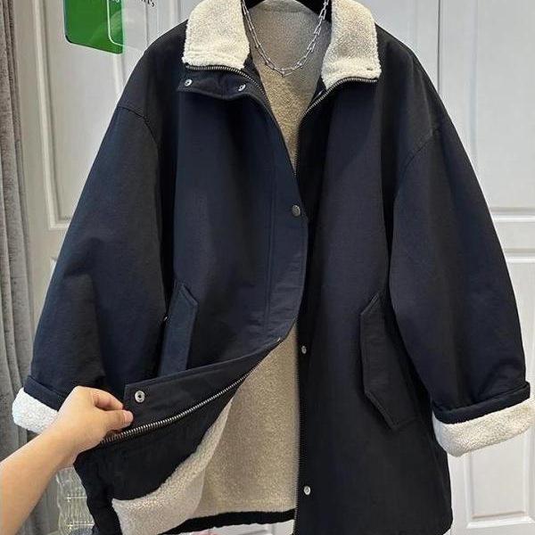 Korean High Collar Women's Winter Work Jacket, Plus Velvet, Cotton Padded, Loose Fit, Slimming, Mid-Length