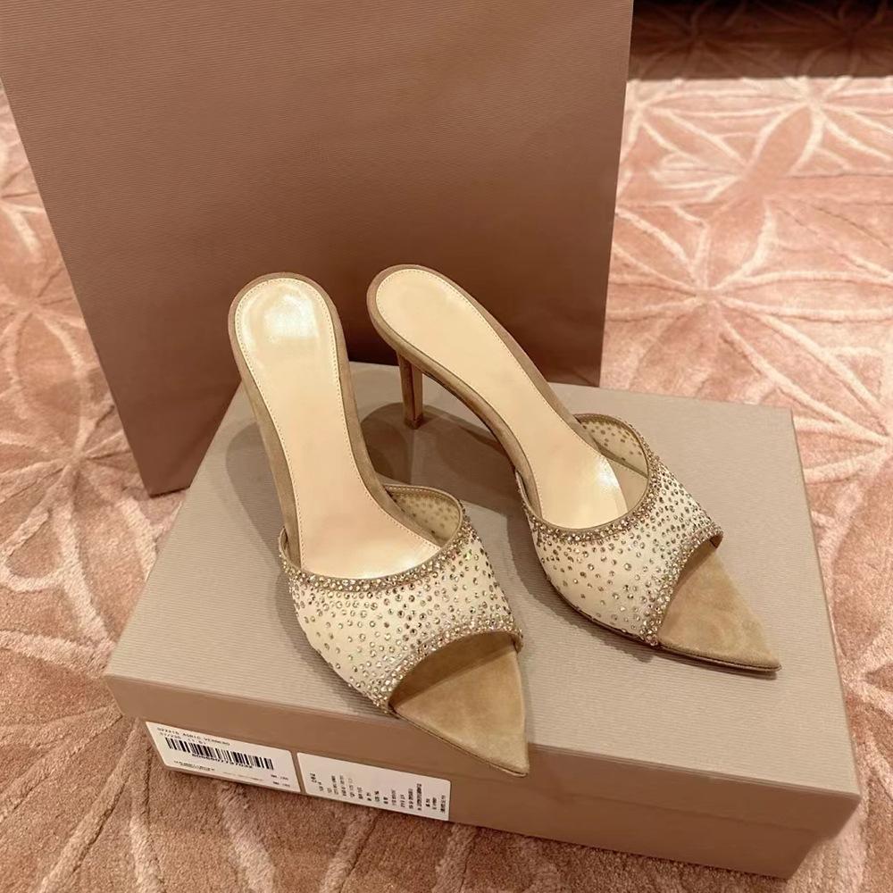 Sexy Open-toed Pointed Rhinestone Sandals Girl 2025 Summer New Mesh Fairy Wind Word with Cool Slippers High Heels