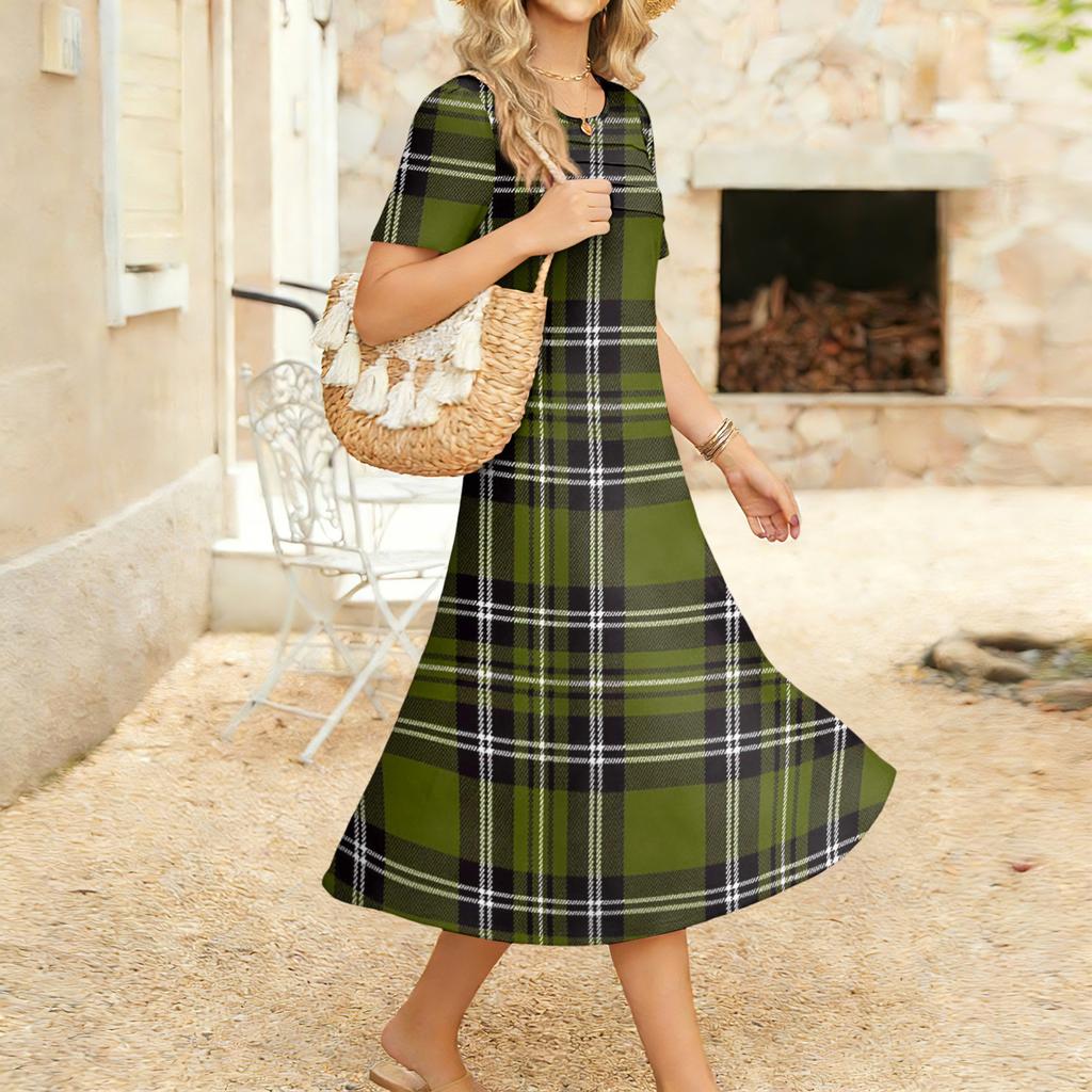 Ladies' Plaid Printed Casual And Fashionable Short Sleeved Round Neck Dress