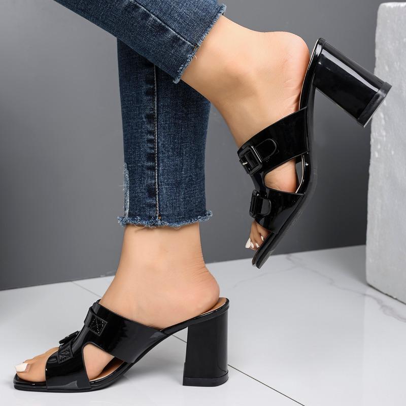 Fashion Summer High Heel Pu Leather Women's Slippers Thick Heel Sandals Casual Sequined Large Size Open Toe Women's Shoes Slippers