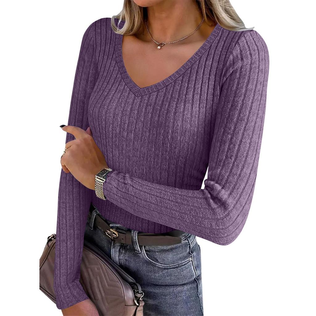 Women's Long Sleeve Knit V-Neck Pullover Top for Casual Daily Wear
