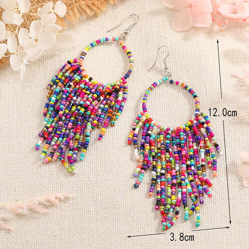 Bohemian Retro Ethnic Tassel Earrings with Long Rice Beads for Women