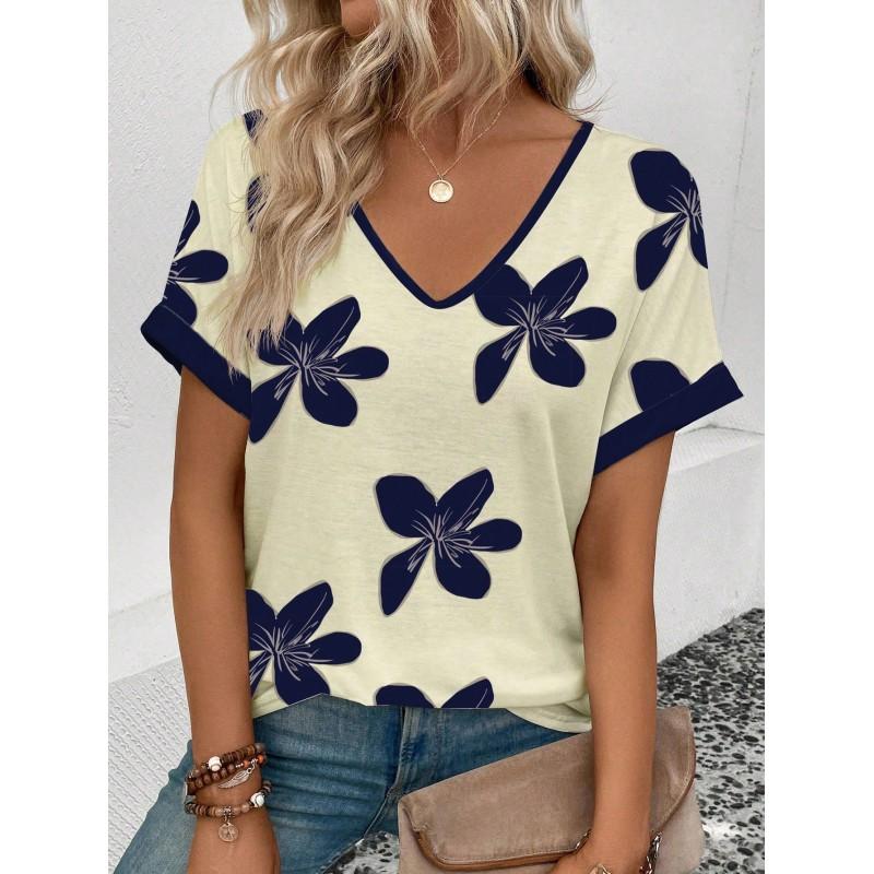 Womens V-Neck Short Sleeve T-Shirt With Leopard Print 3D Effect Colorful Ink Loose Fit Casual Office Wear