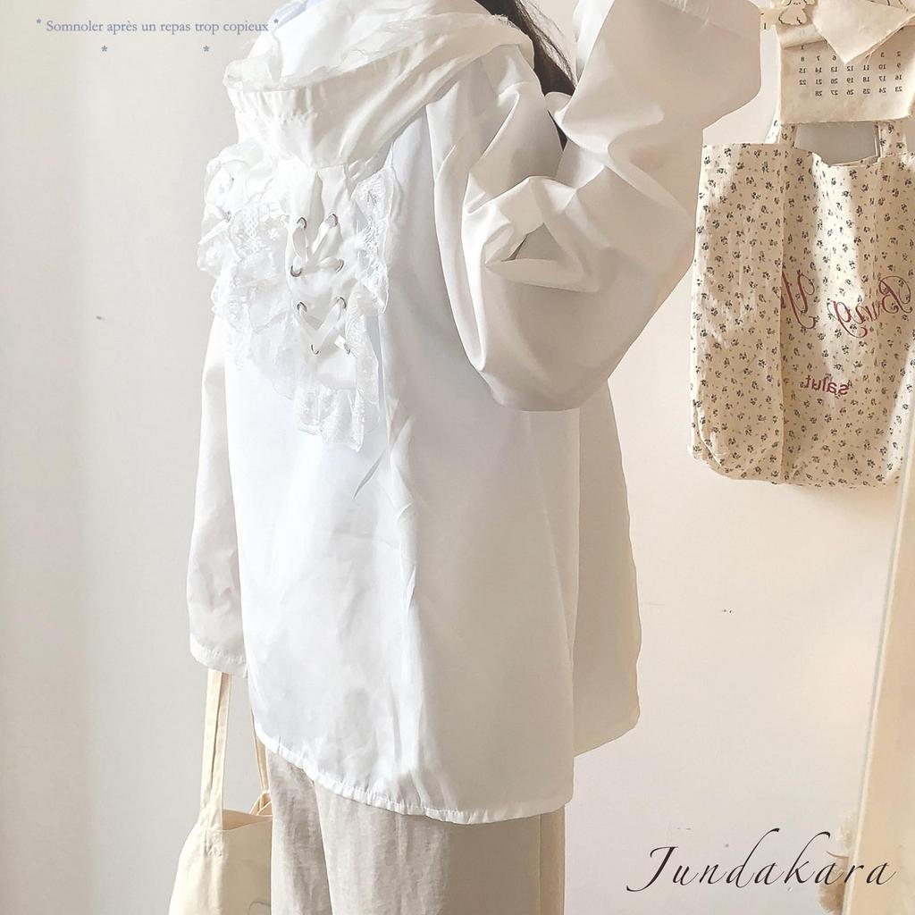 Jundakara Hoodie with Bunny Cute Long Lace and Subculture Sickly Korean White Women's Lace-Up Ears, Sleeves, Lightweight, Summer, Ruffles, Style,