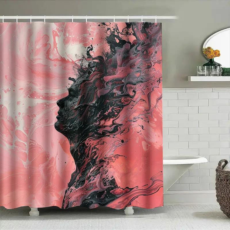 Modern Bathroom Shower Curtain with Abstract Pink and Black Swirl Design Polyester Fabric for Waterproof Protection