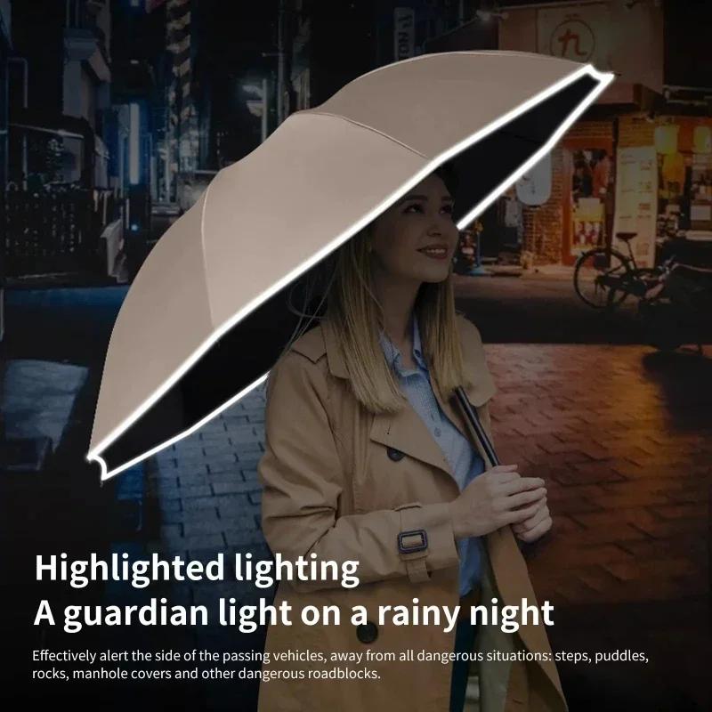 Parapluie à boucle 60K pour hommes et femmes, parapluie entièrement automatique à pliage inversé avec bande réfléchissante coupe-vent, parapluies UV