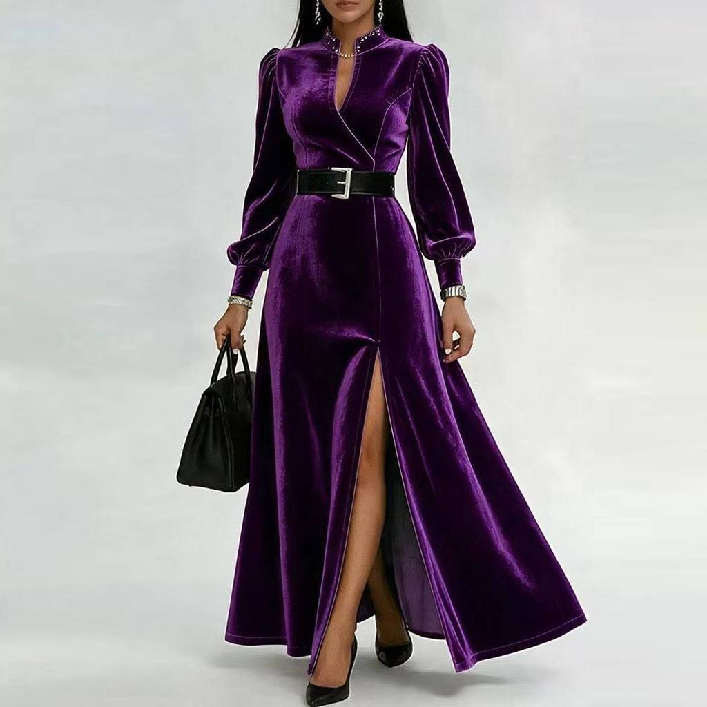 Women's Casual Fashion Velvet Dress Long Sleeve V-Neck Color for Daily Wear