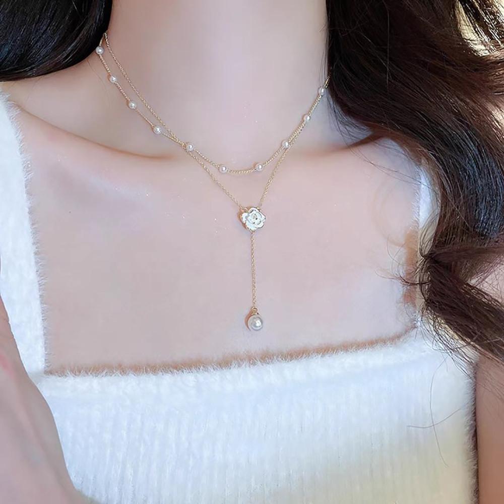 Women Double-layer Tassel Pearl Camellia Necklace Clavicle Chain Choker Neck Jewelry