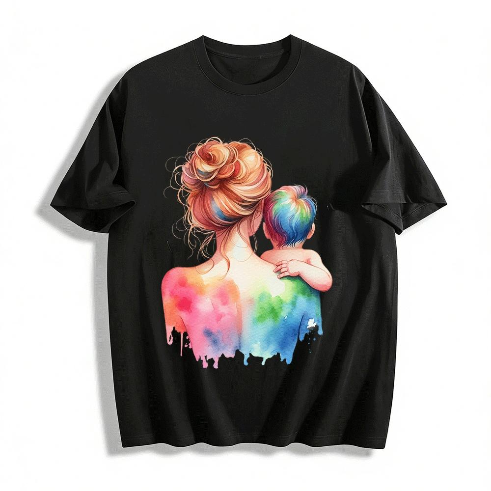 Watercolor Rainbow Mom And Baby Print Casual Top Pure cotton T-shirt XXS