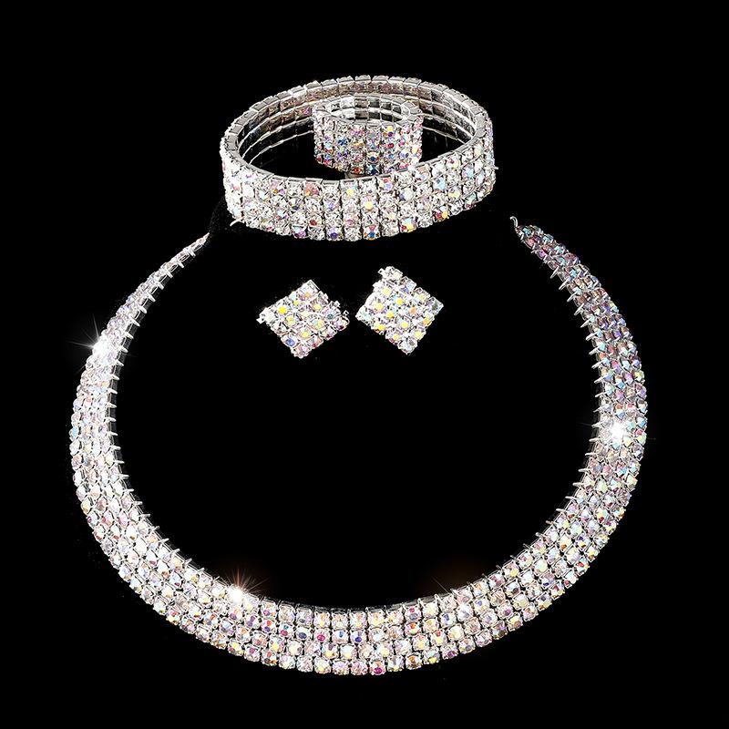 Diamond Necklace Earrings Ring Bracelet Four-Piece Set, Bridal Rhinestone Jewelry Set Ornament
