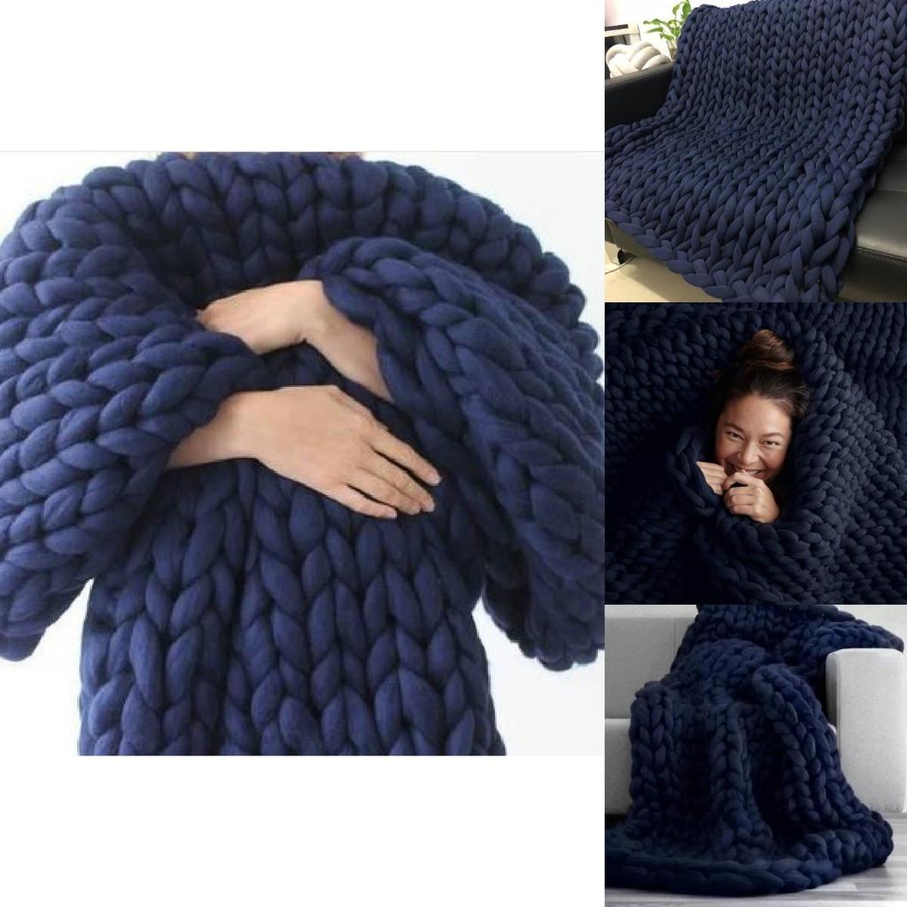 Deep Blue Handwoven Throw Blanket With Ultra Thick Yarn For Cozy Home Decor