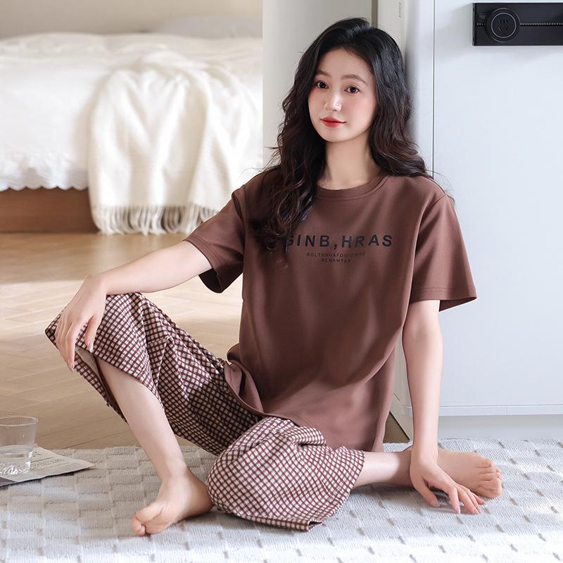 Summer new women's pajamas with chest pads, pure cotton breathable thin round neck pullover, cotton loungewear, large size simple