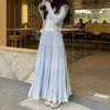 Qooth Summer Chiffon High Waist Skirt A-Line Pleated Maxi Skirt Ruffles Elegant Fashion Skirt QT2597