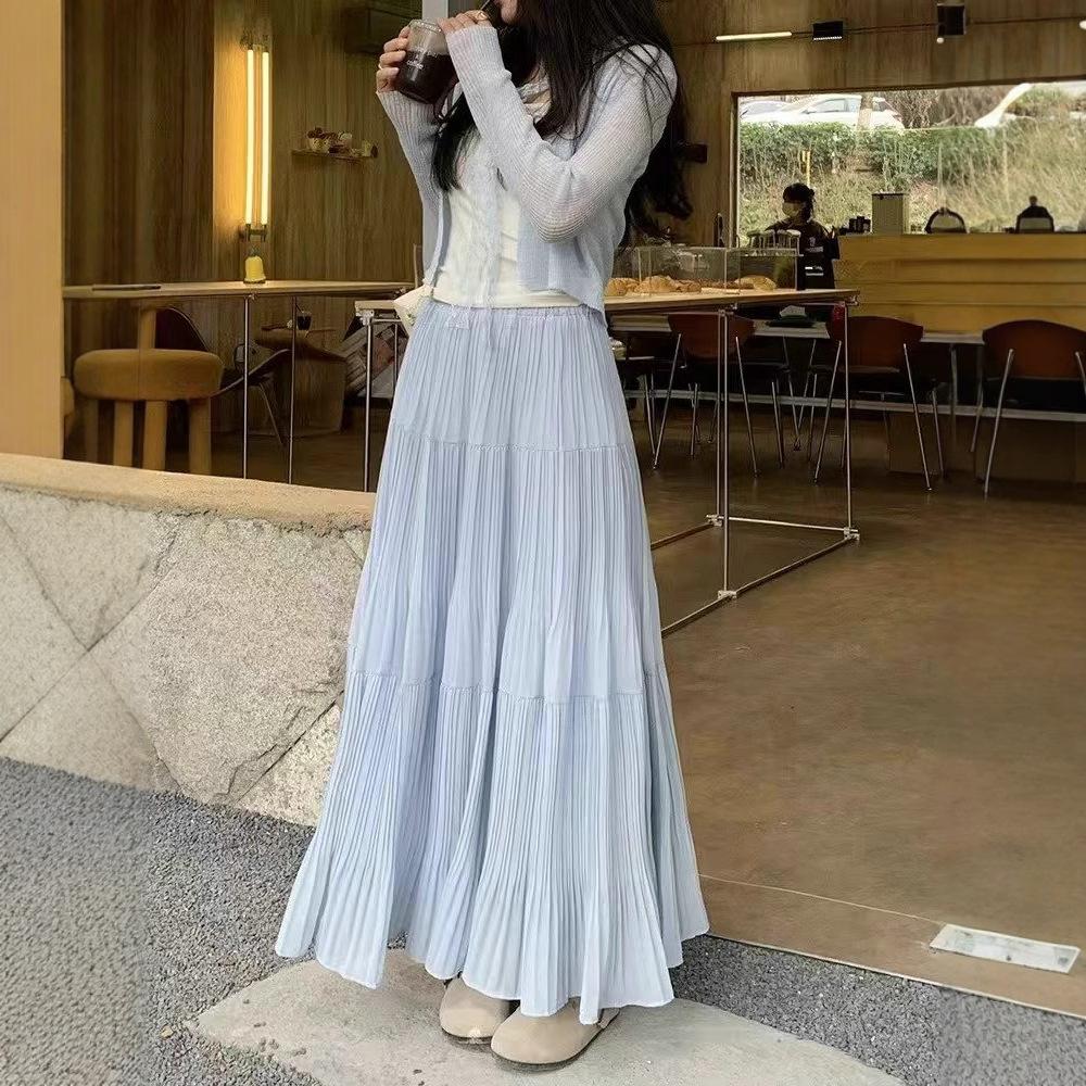 Qooth Summer Chiffon High Waist Skirt A-Line Pleated Maxi Skirt Ruffles Elegant Fashion Skirt QT2597