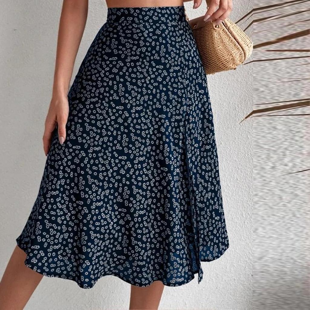 Ditsy Floral Boho Skirt for Women with Slit Summer High Waisted Flowy Midi Skirt Casual A-Line Split Beach Skirt