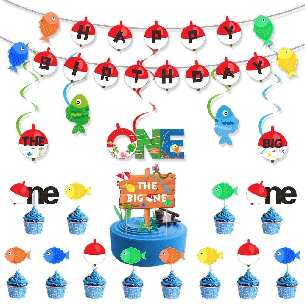 Retirement-Themed Birthday Party Decoration Banner Fishing Birthday Flag Small Fish Spiral Pendant