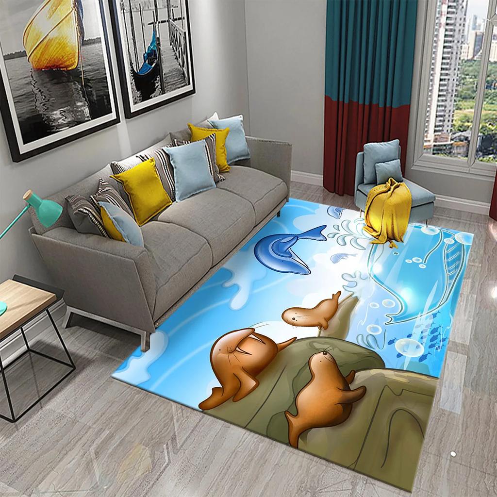 Cartoon Delphin Teppich Niedlicher Meerestier Teppich für Kinderzimmer Teppich Kinder Spiel Krabbelmatte Badezimmer Rutschmatte Heimdekor