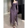 Women's Early Spring High-Waist Mesh Ruffle Bodycon Dress with Square Neck and Slit