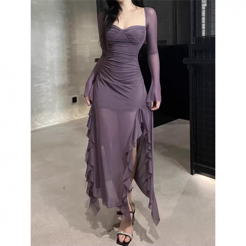 Women's Early Spring High-Waist Mesh Ruffle Bodycon Dress with Square Neck and Slit