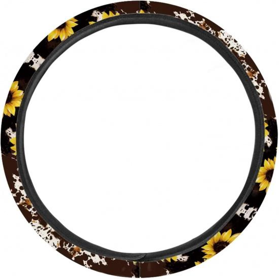 15inch Cow Sunflower Auto Steering Wheel Cover for Women Men Sunflower Lover,Brown Cowhide Steering Wheel Cover Protector Accessory Elastic and Anti
