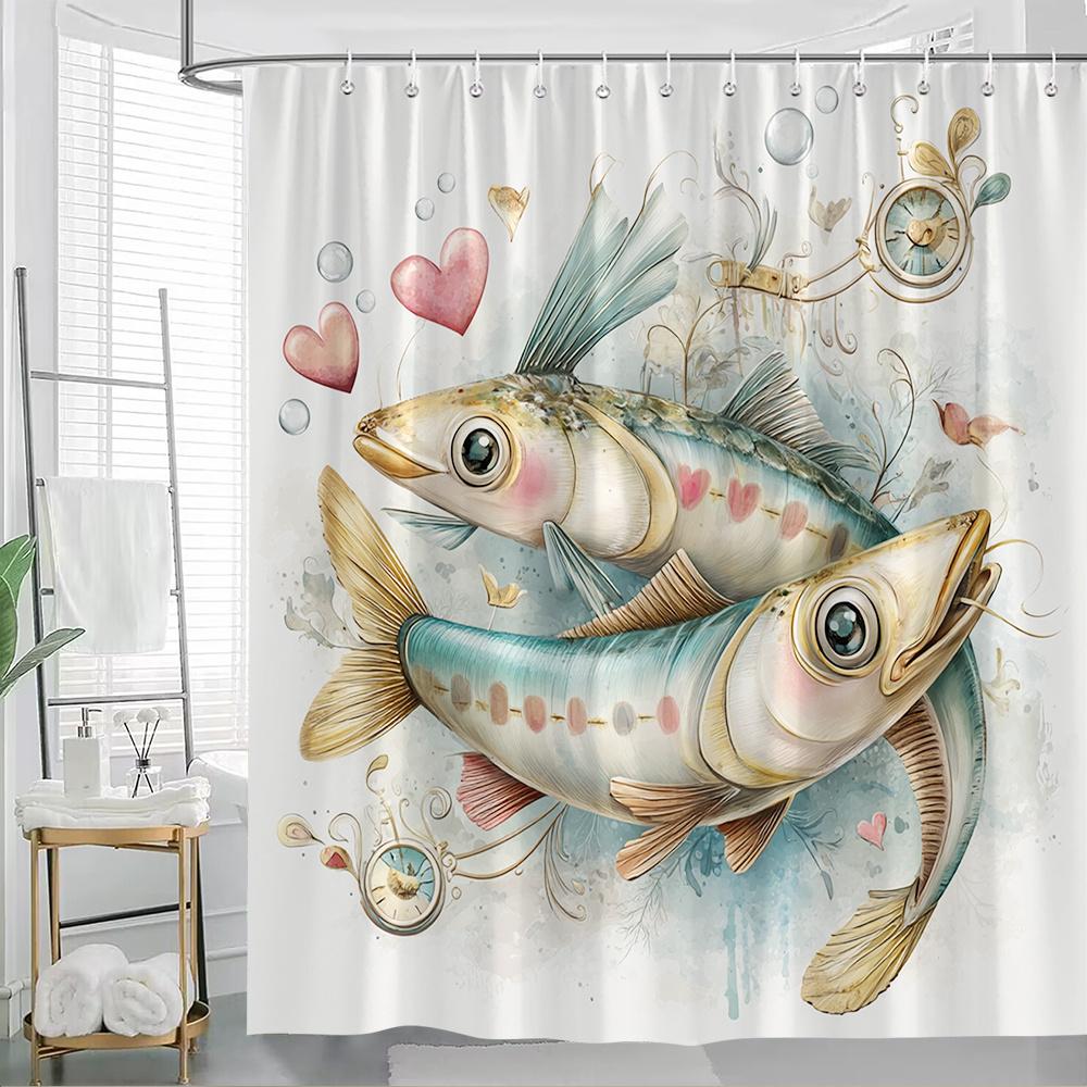 

1Pc Romantic Fish Shower Curtain - 70.8X70.8 Inch Polyester Fabric With 12 Hooks, Cute Fish & Heart Design, Machine Washable W60H190(CM)-1 Pcs