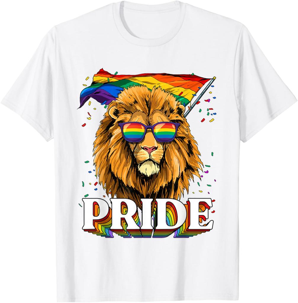 Lion Pride LGBT Rainbow Flag Sunglasses Graphic Tee Casual Cotton T-Shirt for Men