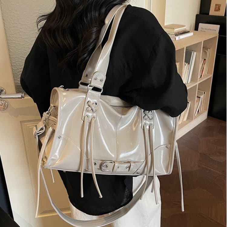 Bolsa tote feminina brilhante com cordão e franjas, bolsa de ombro