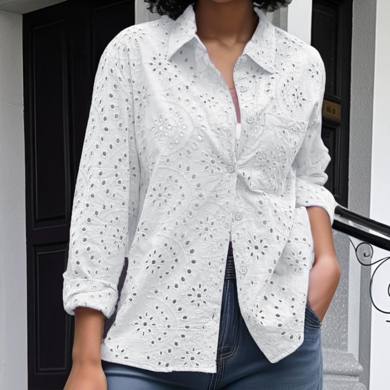 

Women s Sexy Solid Color Casual Style Romantic Lapel Button Hollow Embroidered Art Top XS