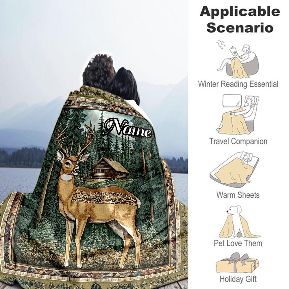 Elk Cabin Customize Your Name Blanket Multi-purpose Personalized Blanket Comfortable for Livingroom Seaside Living Room Bedding All-Season Use