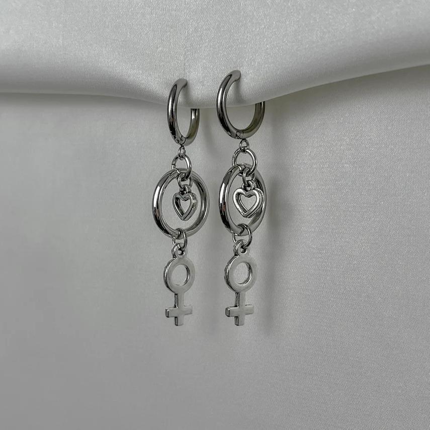 Y2K Punk Silver Color Geometric Heart-shaped Circular Cross Pendant Dangle Earrings for Women Personality Jewelry Accessory Gift