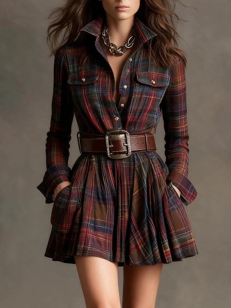 Women's Plaid Pocket Detail Button Front Short Dress