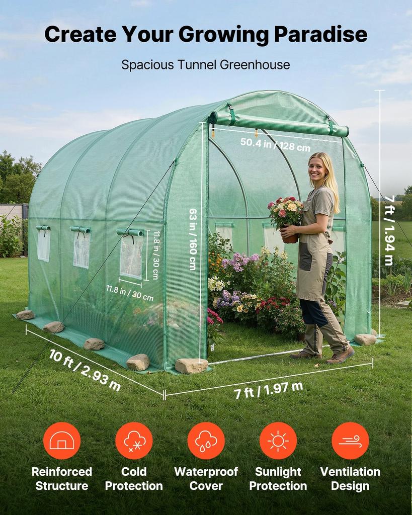 Walk-in Tunnel Greenhouse, 2.93x1.97x1.94 M Hoop House Greenhouse Tunnel with Watering System, Plant Hot House with Steel Frame, PE Cover, Roll-Up