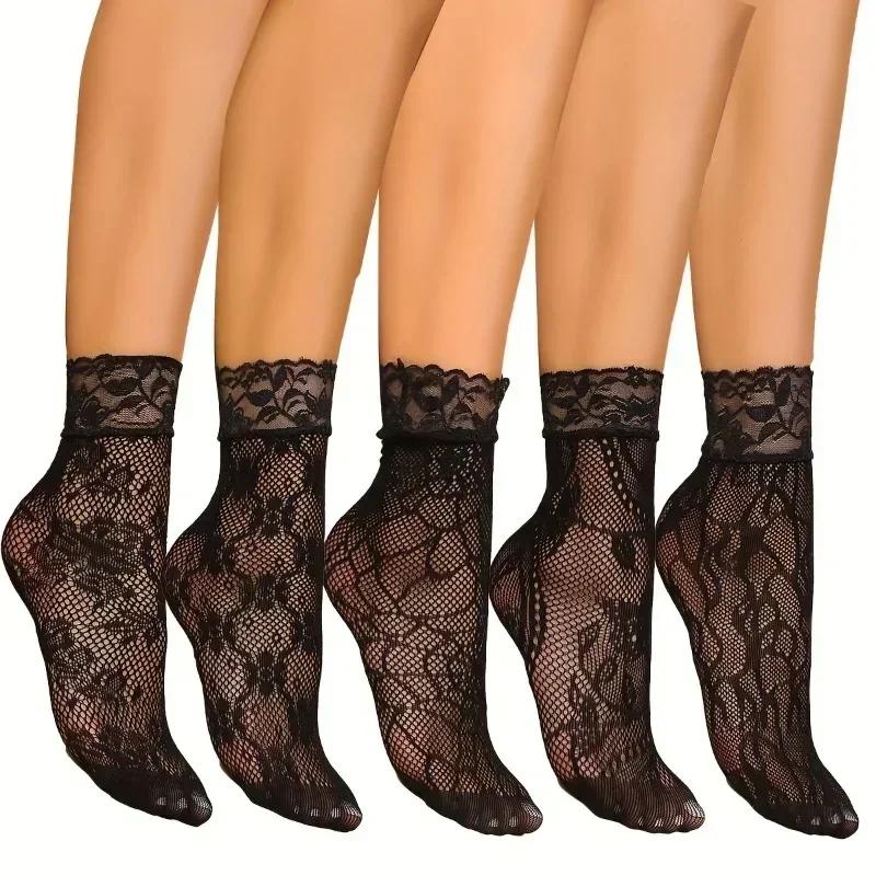 5 Paar Blumen-Spitzensocken Dünne Atmungsaktive Kurze Socken Sommer Netz Lolita Fischernetz Damenstrümpfe Strumpfwaren