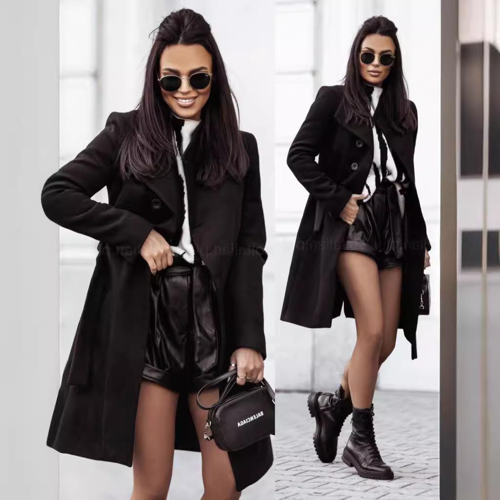 2026 New Women s Woolen Coat, Solid Color Tie Waist Mid-Length Cardigan Overcoat 2XL чёрный
