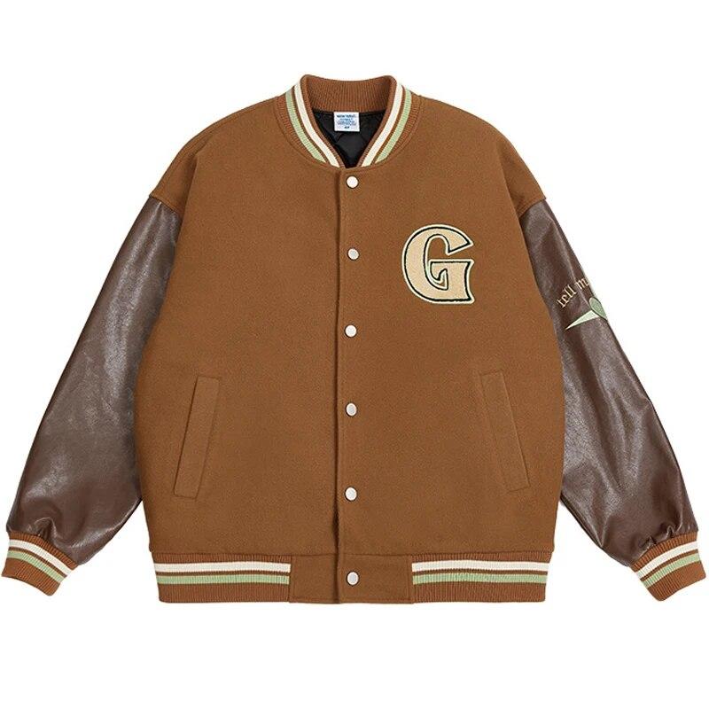 

Men Retro Brown Splicing Varsity Jacket Women PU Leather Sleeve College Oversized Thick Winter Embroidery Bomber Winter Outwear