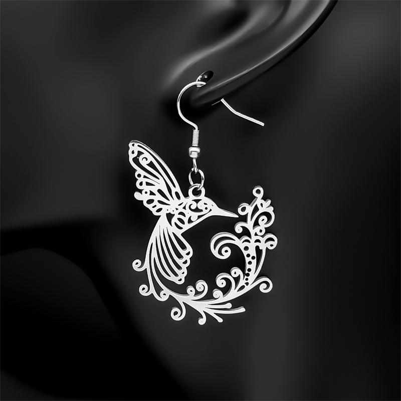 Stainless Steel Flower of Life Hummingbird Dangle Earring for Women Men Gold Silver Color Animal Birds Love Earrings Jewelry
