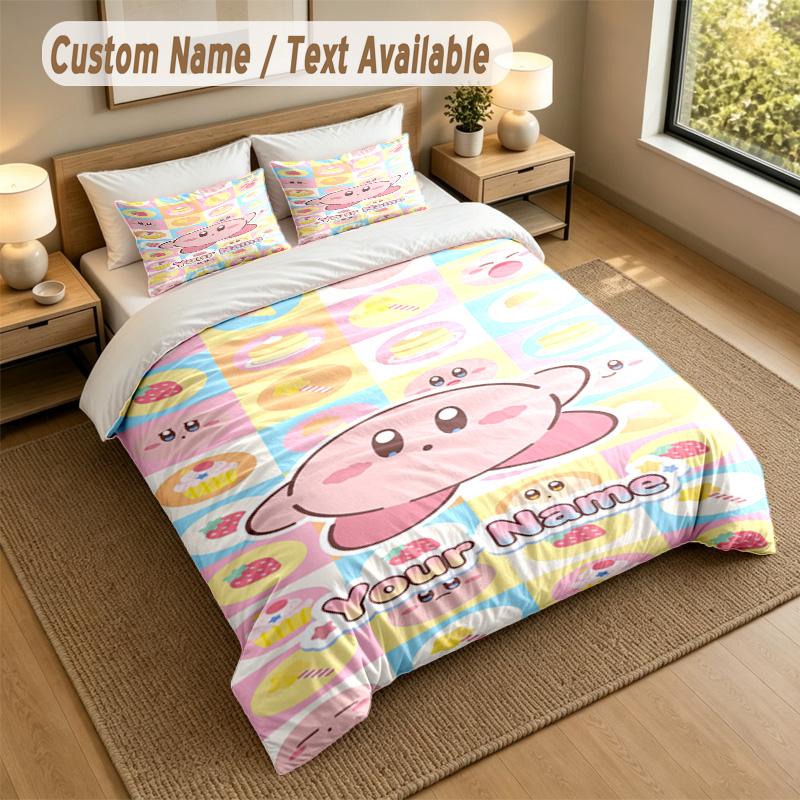Benutzerdefiniertes Namens-Text-Bettwäsche-Set, 3 Teile, Kirby 1 Bettbezug 2 Kissenbezüge Weiche Bettwäsche für Geschenk