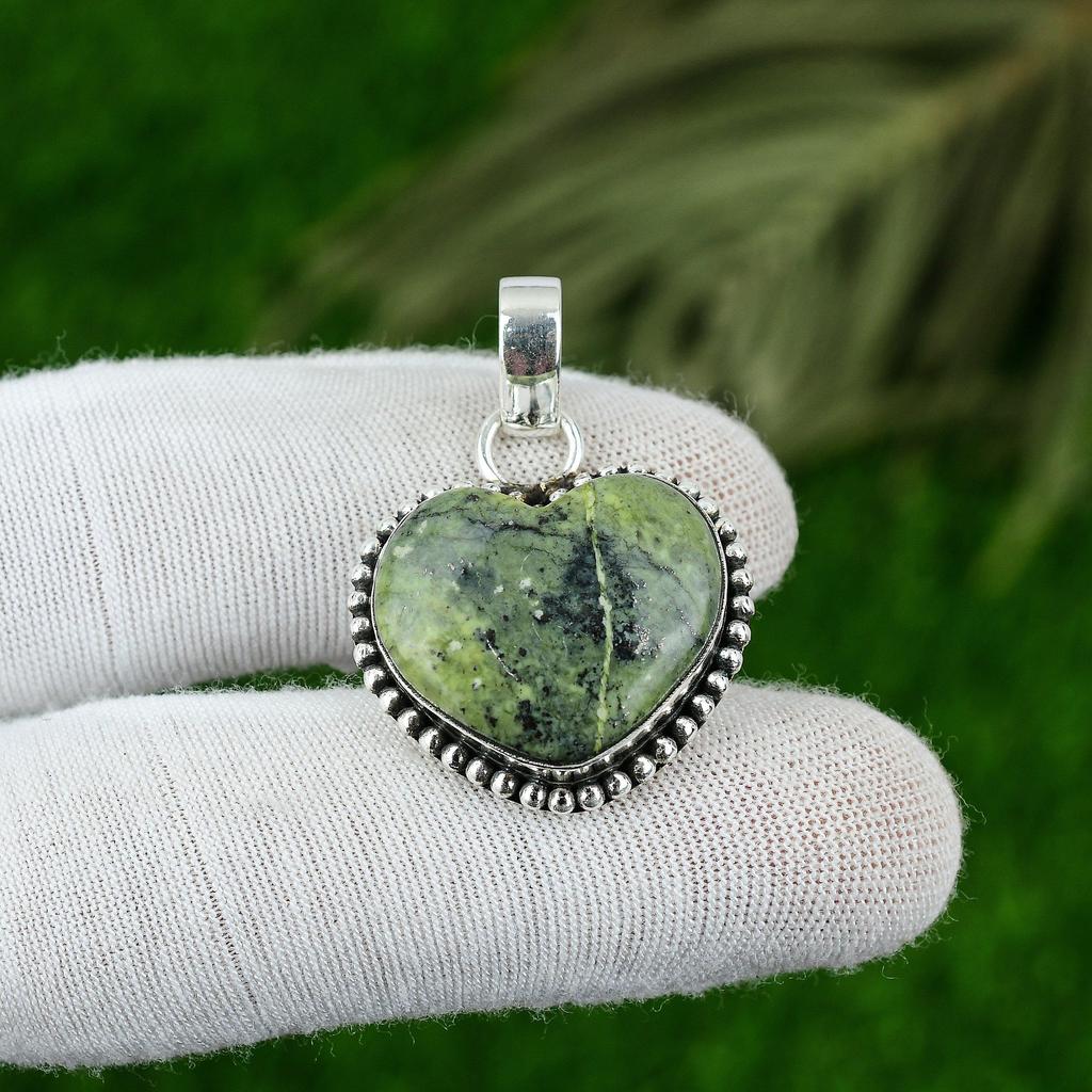 Natural Serpentine Gemstone Indian Jewelry 925 Sterling Silver Pendant For Women