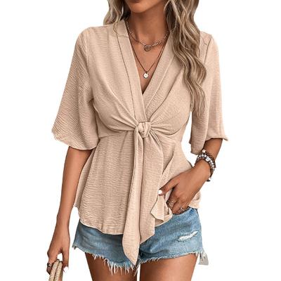 Women V Neck Tie Front Ruched Blouse Casual Half Sleeve Office Work Top