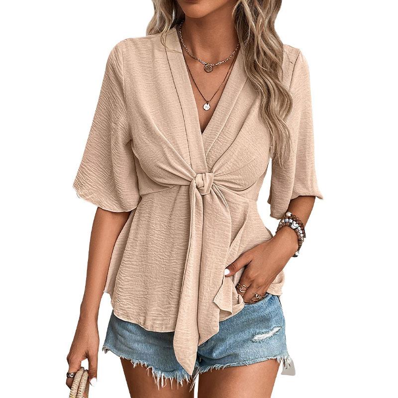 Tricou de vară pentru femei cu gât în V, cămașă uni, topuri cu mânecă scurtă