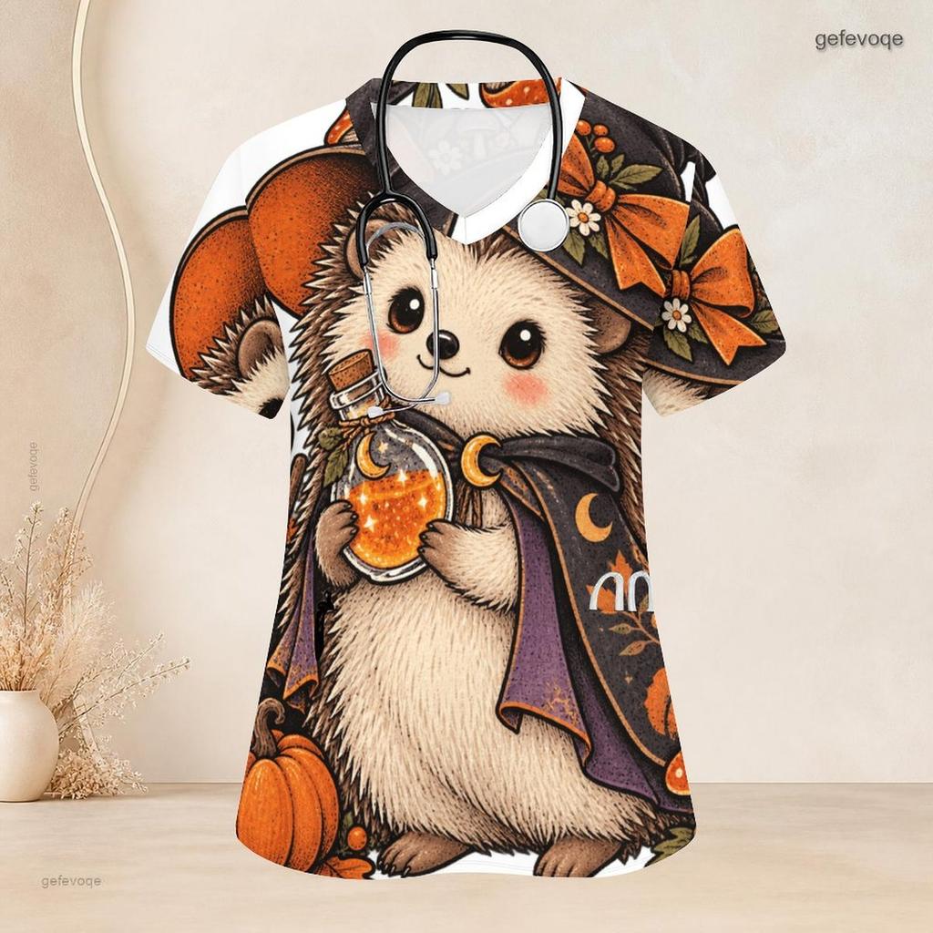 Women Plus Size V Neck Short Sleeve Scrub Top Cowboy Hat Pumpkin Sunflower Cactus Halloween Print Nurse Uniform Top
