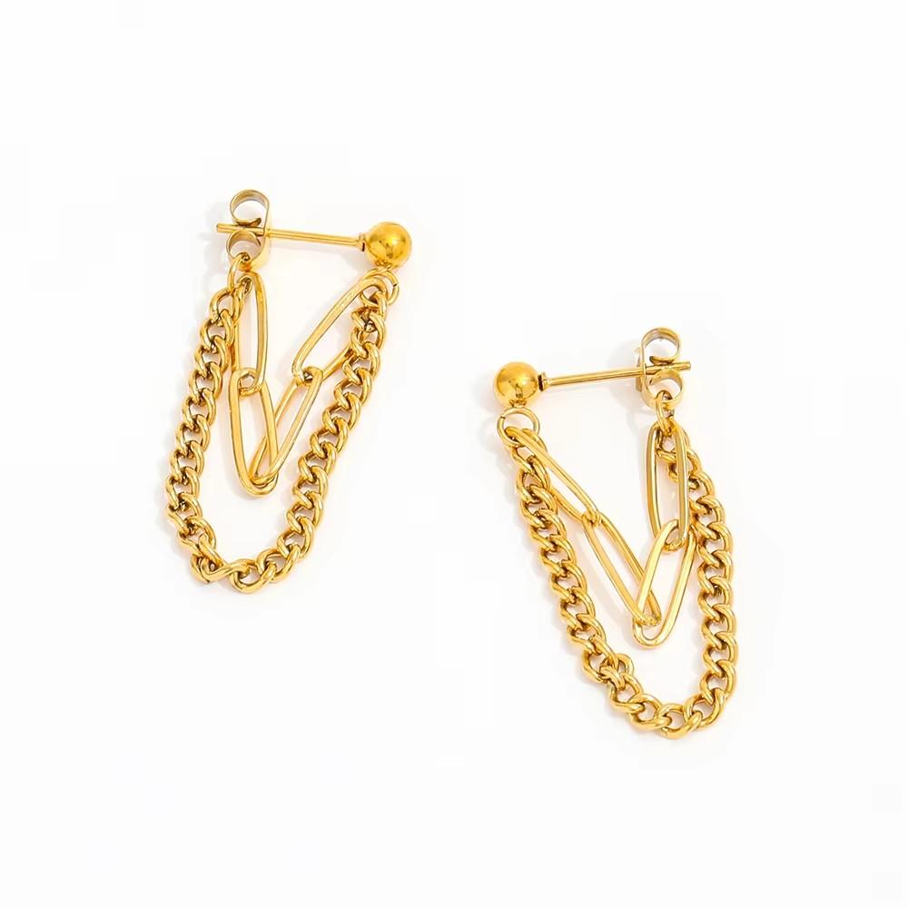 Fenny Jewelry 18K Gold-plated Double Layer Pin Link Cuban Chain Tassel Drop Hoop Stainless Steel Earring for Women