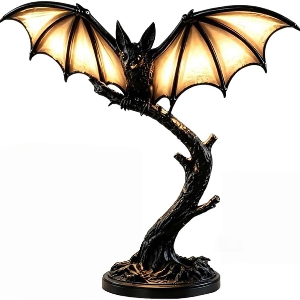 Halloween Glowing Bat Desk Lamp, Resin Bat Statue Night Light with Glowing Wings, Gothic Spooky Tabletop Decor Lamp, Vintage Accent Desk Light
