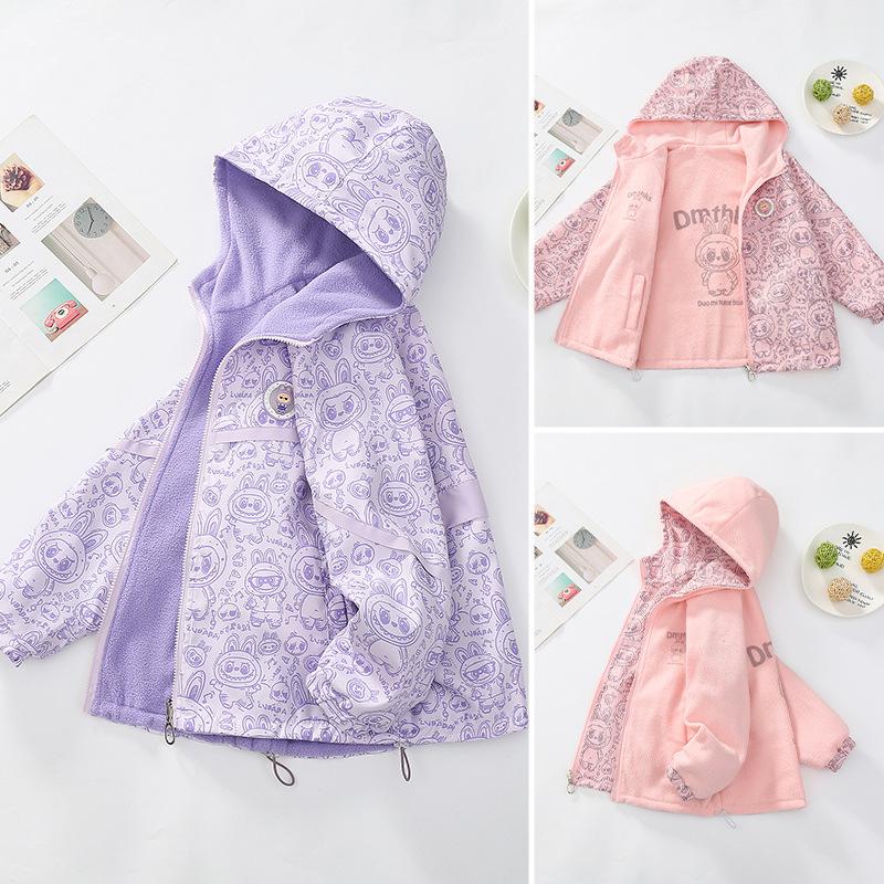Girls Kids Thickened Fleece Lined Double Sided Windbreaker Jacket