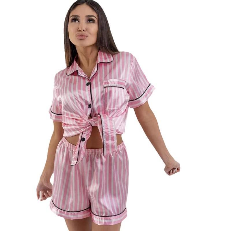 Europäischer Stil Herz Leopardenmuster Eisseide Pyjama Cardigan mit langen Ärmeln und Hose für Frühling und Herbst