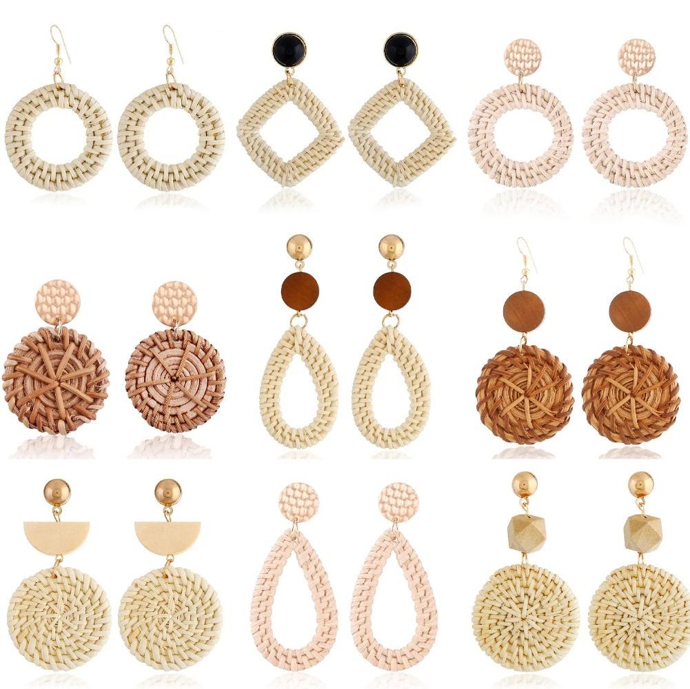 Personality Bamboo Rattan Hand-woven Geometry Drop Dangle Earrings for Women Temperament Summer Beach Stud Jewelry Holiday Gift