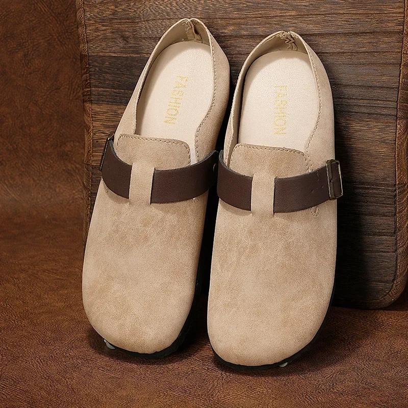 

Suede Men Casual Shoes Fashion Breathable Leather Half Slippers Outdoor Indoor Loafers Flats Comfortable Summer Couple Sneakers 41 бежевый