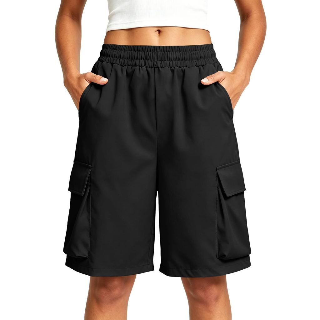 Women Loose Fit Casual Work Shorts with Elastic Waistband and Multiple Pockets for Daily Wear Outdoor Activities