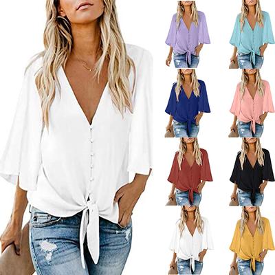 Womens Summer Blouses Tops 3/4 Bell Sleeve Tops Solid Color Button Down Shirt
