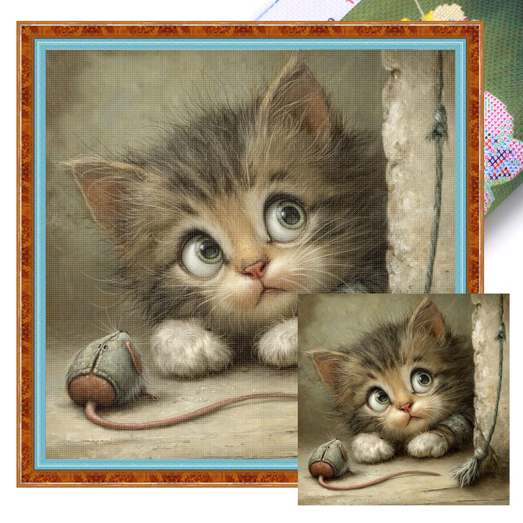Cat Full 11CT DIY Stamped Cross Stitch Kits 15.75x15.75in Printed Cross-Stitch Kits for Beginners Adults Home Decor